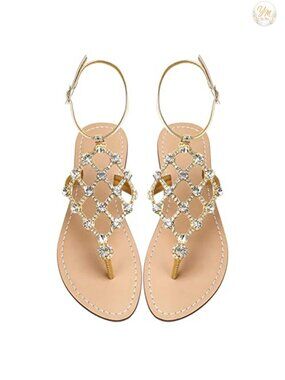 Rhinestone Crystal Flat Thong Sandals T-Strap Wedding Shoes Leather Insole